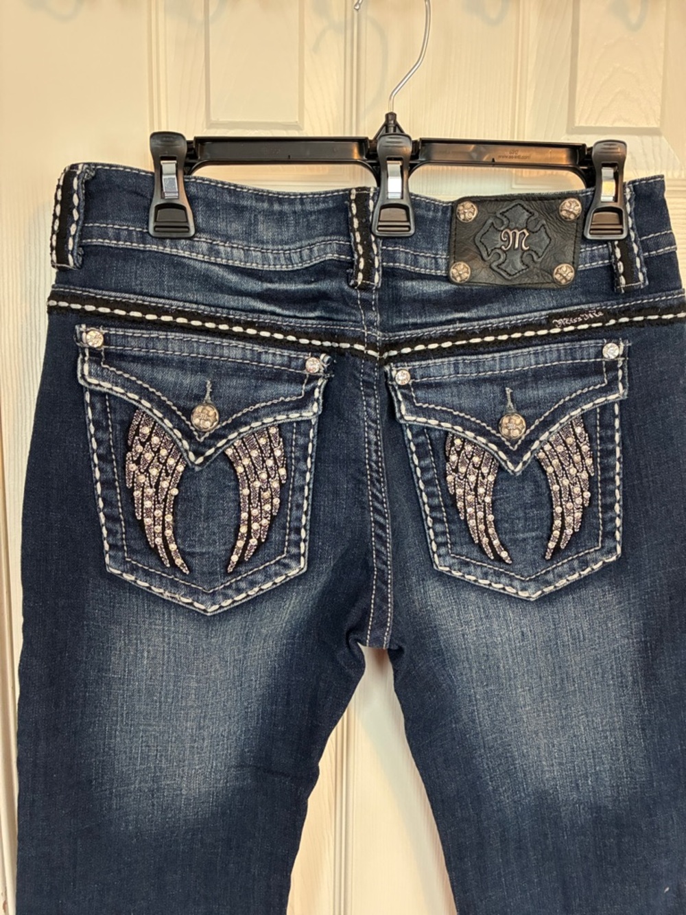 Miss Me Dark Blue Skinny Jeans with Rhinestone Wing Pockets